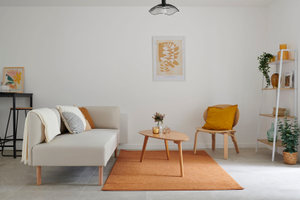 Home staging dans maison à Bouguenais. Salon avec canapé beige fauteuil bois tapis table basse harmonie de couleur par AntePostea